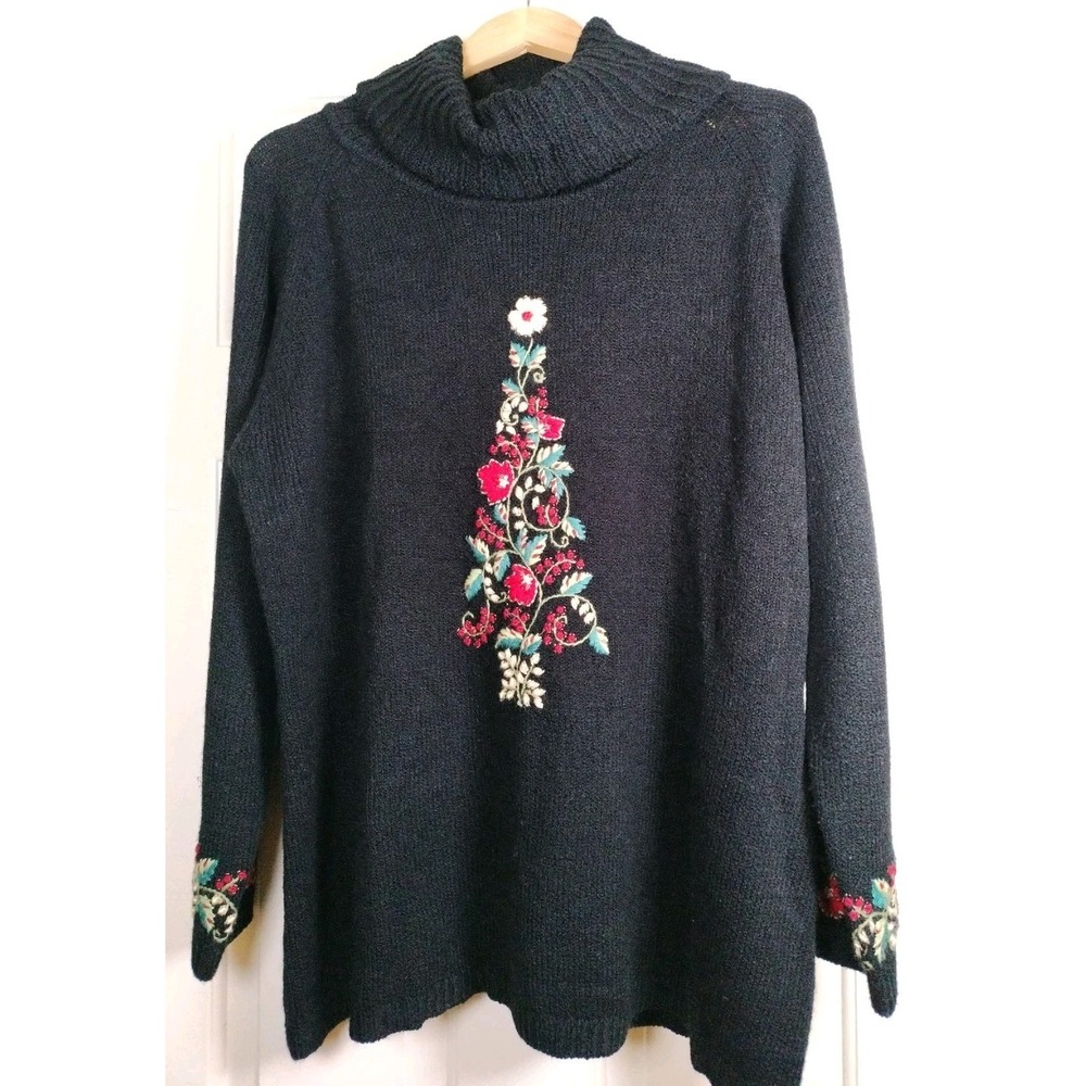 Coldwater Creek Women's 1X Black Turtleneck Sweater with Embroidered Floral - Picture 1 of 12